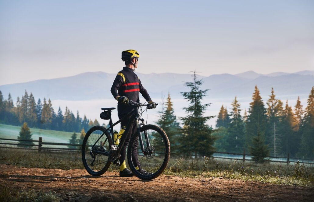 A man stands with his bicycle and looks at nature