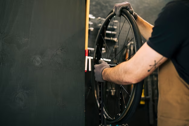 A man holding a bicycle wheel in his hands